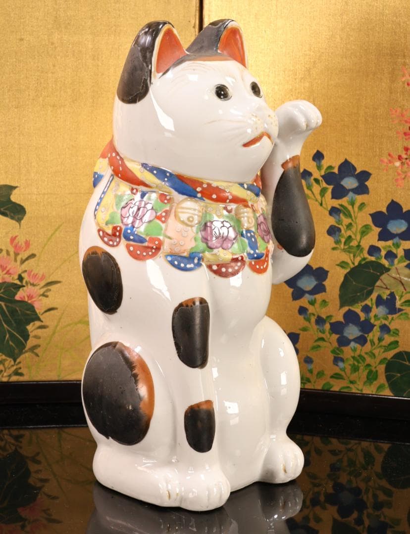 BK524　時代瀬戸焼　招き猫 左手 千客万来　置物　縁起物　古瀬戸　高さ29㎝