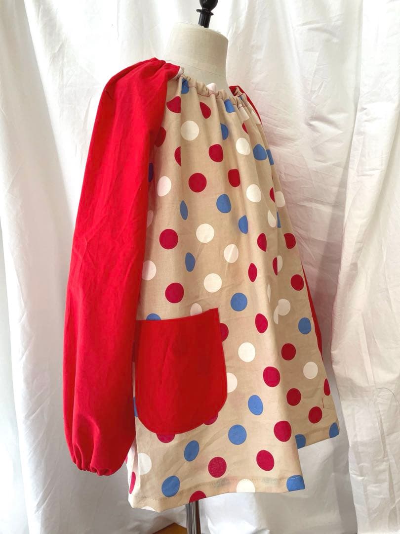 スモック　サイズ130 トリコロールドット×ミルクティー