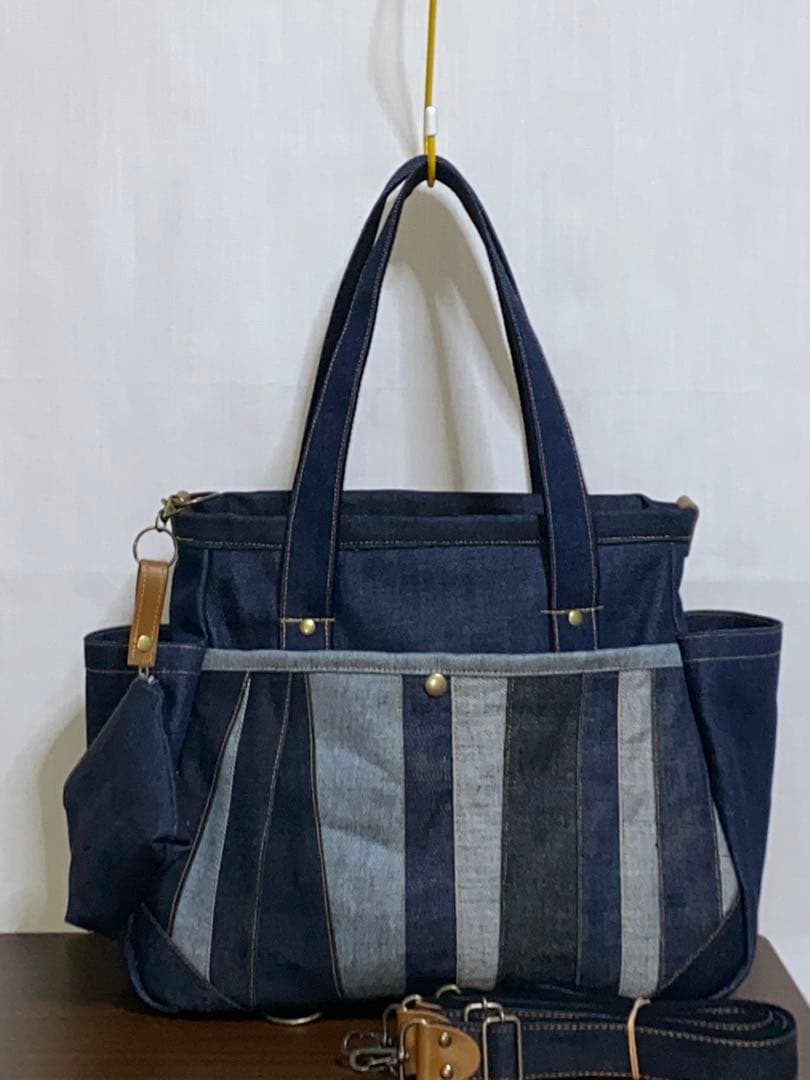 一点物☆パッチワーク☆岡山デニム☆リュック対応☆4wayバッグ☆ポーチ付き