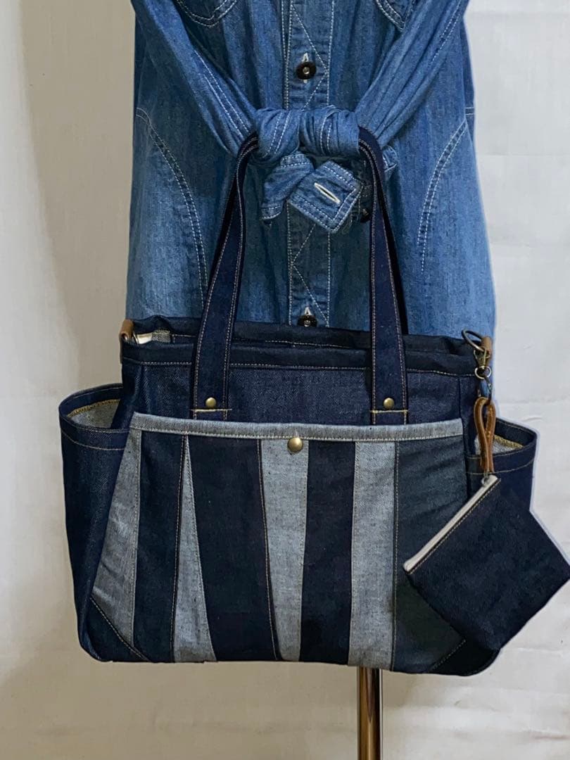 一点物☆パッチワーク☆岡山デニム☆リュック対応☆4wayバッグ☆ポーチ付き