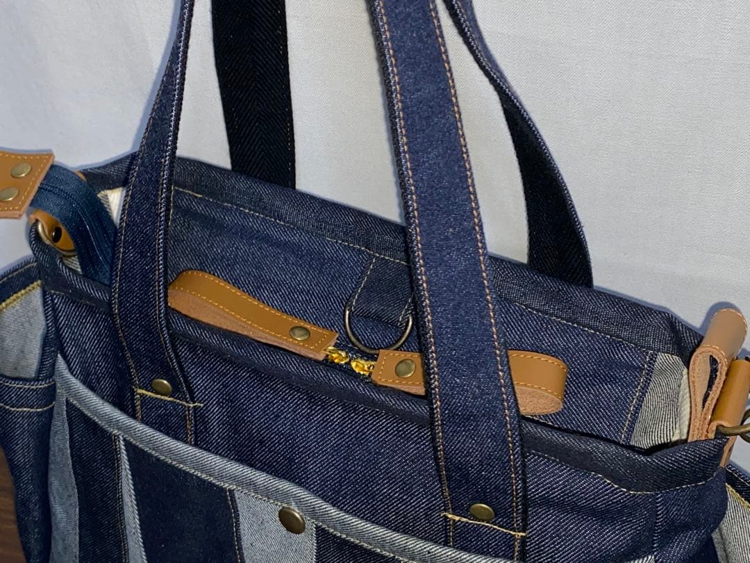 一点物☆パッチワーク☆岡山デニム☆リュック対応☆4wayバッグ☆ポーチ付き