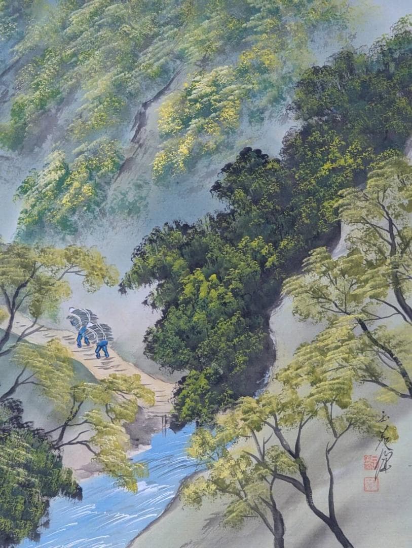 【真作】掛軸　渓谷を行く旅人　静謐な自然美　精緻描写　合箱入　R112