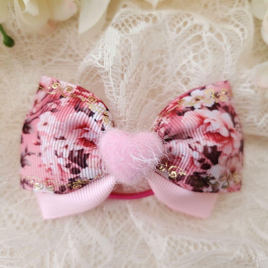 キッズヘアゴム❀.花柄ピンクリボン❣️   2ペアセット ハンドメイド
