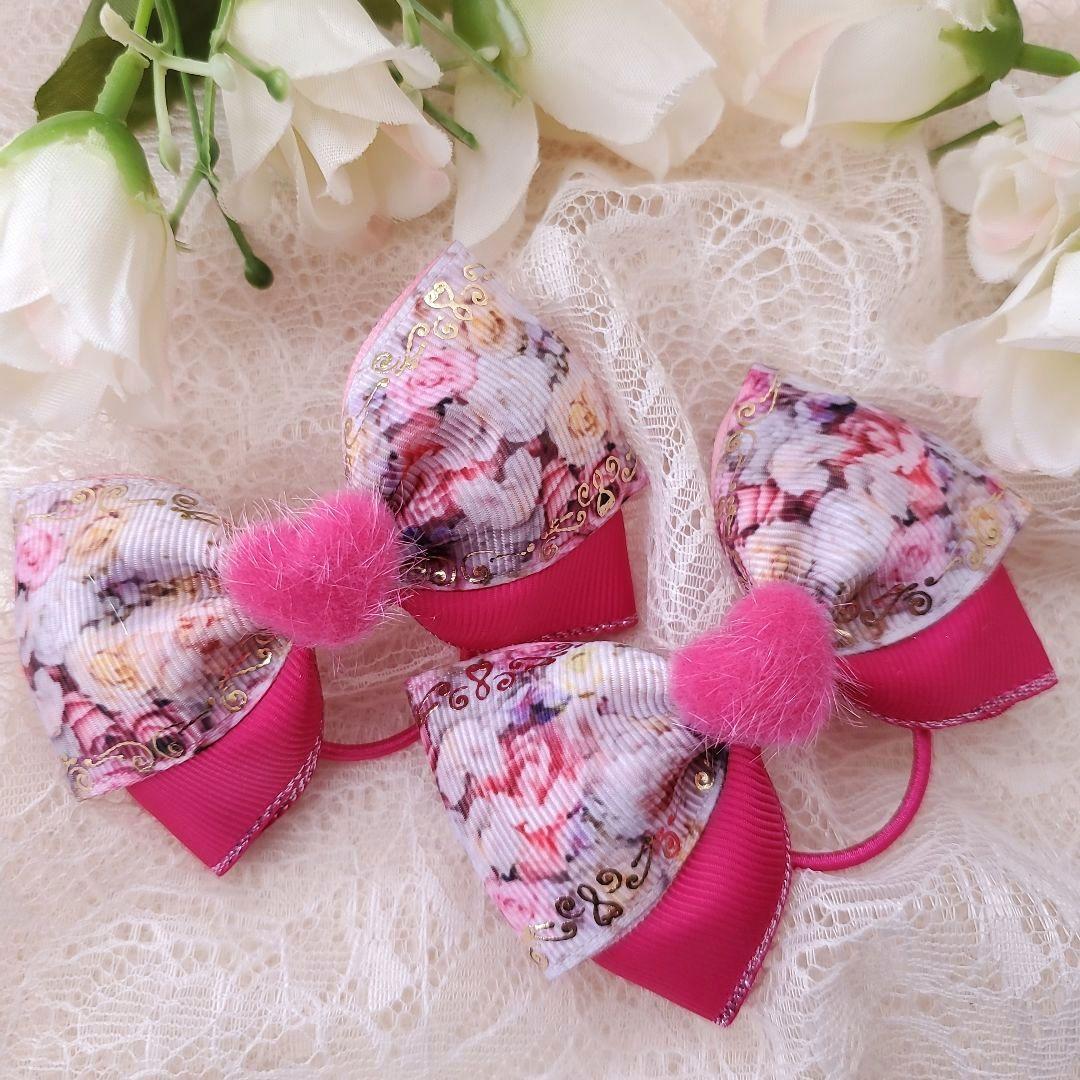 キッズヘアゴム❀.花柄ピンクリボン❣️   2ペアセット ハンドメイド