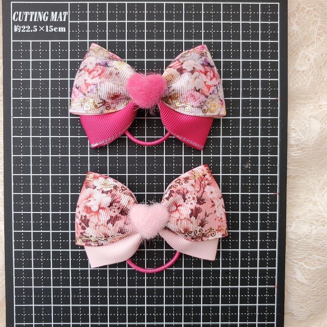 キッズヘアゴム❀.花柄ピンクリボン❣️   2ペアセット ハンドメイド