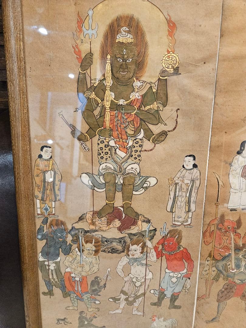 古仏画『青面金剛』紙本 彩色 著色 肉筆 二点セット 額装 庚申信仰