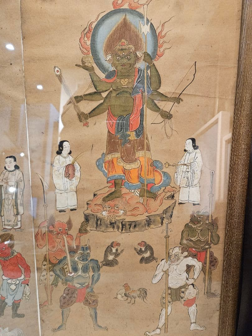 古仏画『青面金剛』紙本 彩色 著色 肉筆 二点セット 額装 庚申信仰