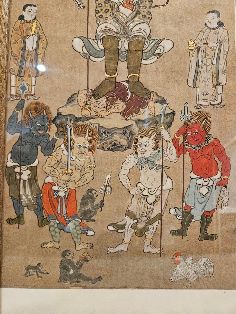 古仏画『青面金剛』紙本 彩色 著色 肉筆 二点セット 額装 庚申信仰