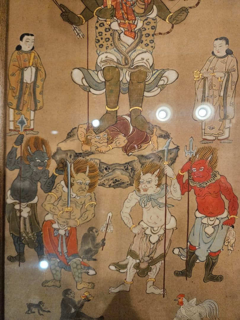 古仏画『青面金剛』紙本 彩色 著色 肉筆 二点セット 額装 庚申信仰