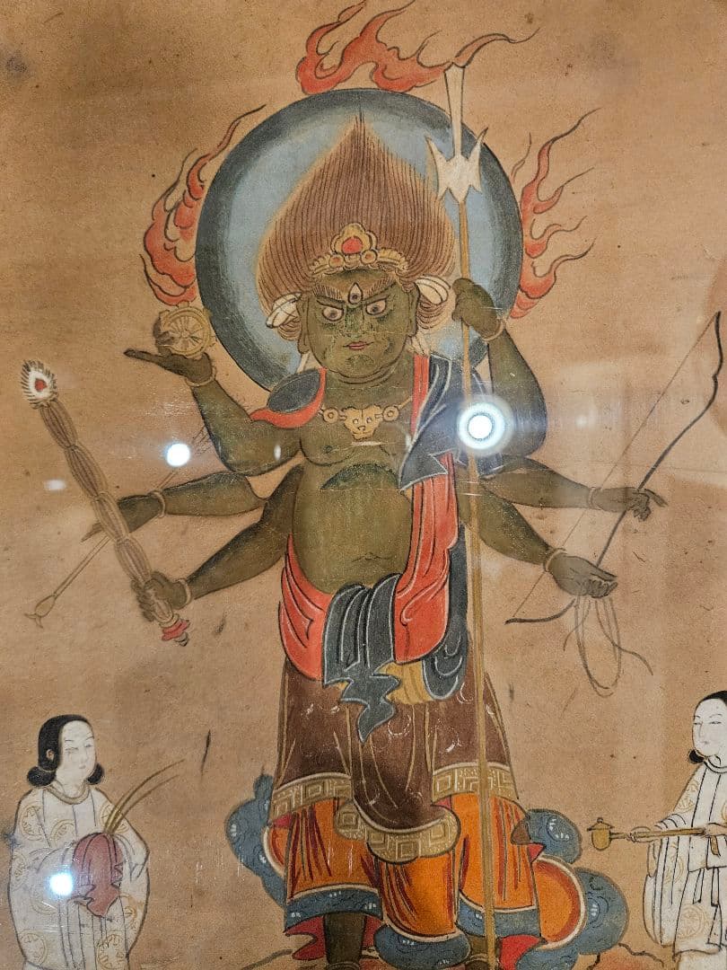 古仏画『青面金剛』紙本 彩色 著色 肉筆 二点セット 額装 庚申信仰