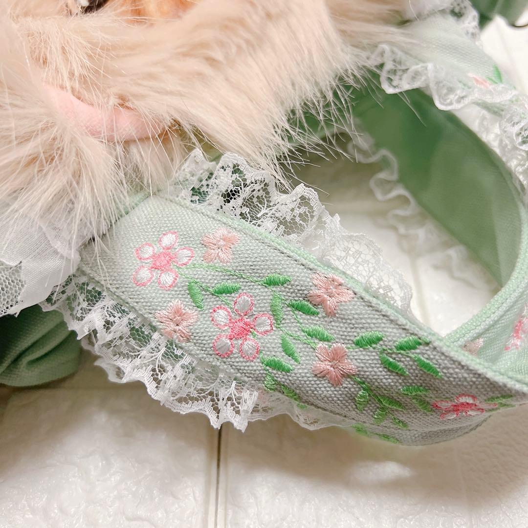 コヤンイサムチョン 贅沢フリルと刺繍の2wayトートバッグ／ミントグリーン 猫