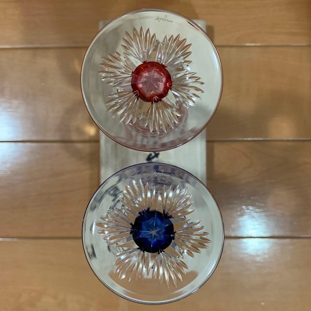 希少 カガミクリスタル 江戸切子 赤被 青被 八角籠目文 シャンパングラス