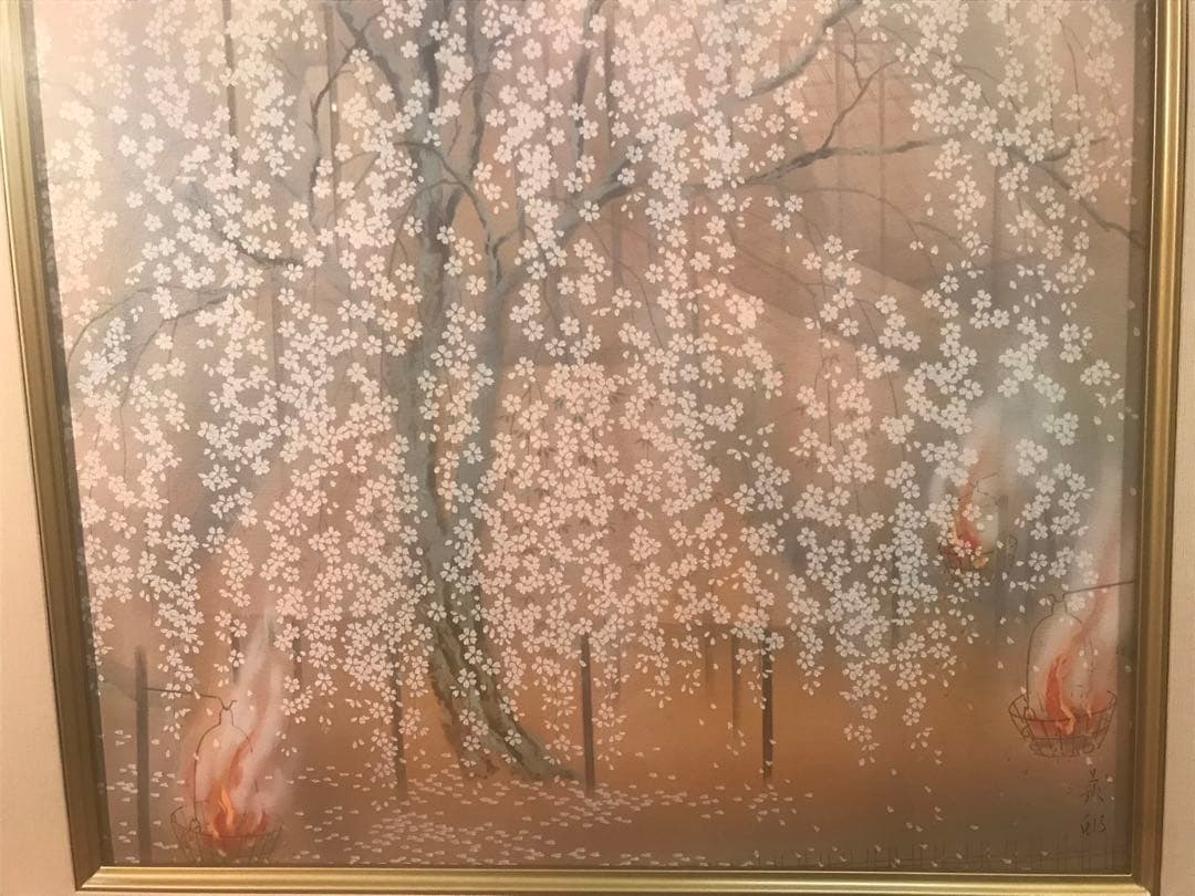 宇田荻邨　「祇園夜桜」　リトグラフ　刷り込みサイン・作品証明シール有り