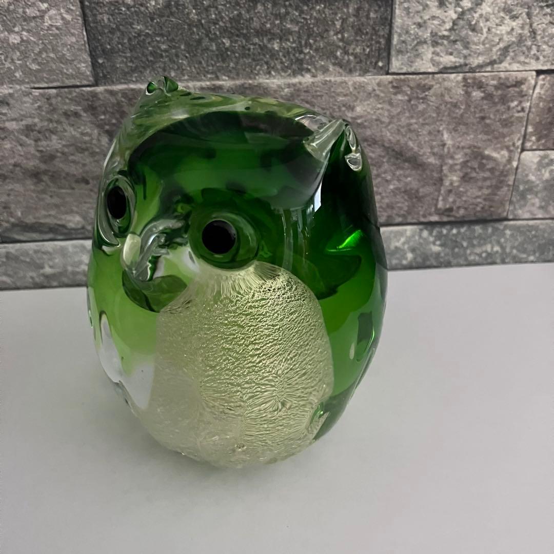 津軽びいどろ　フクロウ　梟　鳥　グリーン　緑　ガラス置物　クリスタル　オブジェ