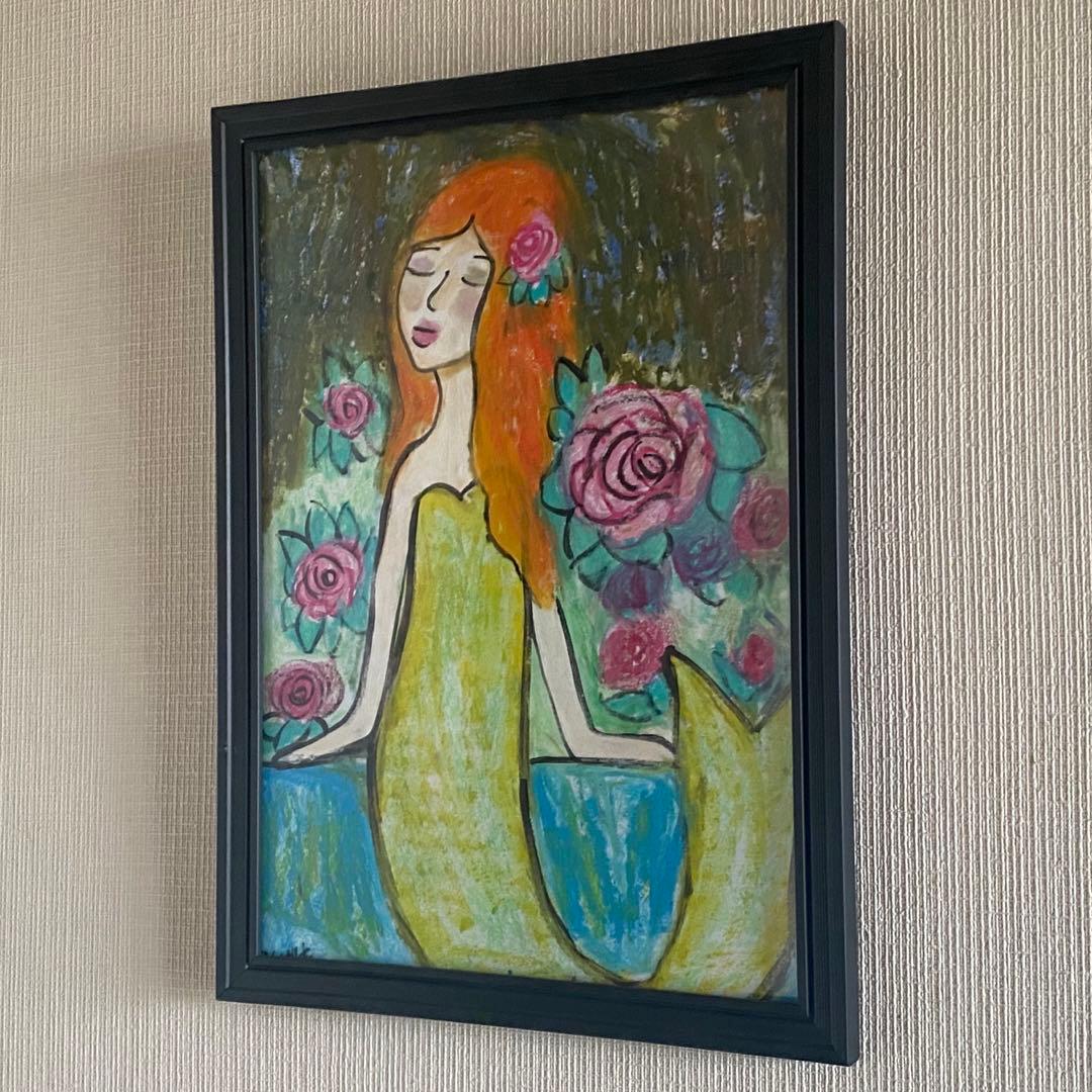 絵画。壁掛け絵原画手描き【花が咲き乱れる岸辺にいる美しい人魚姫】