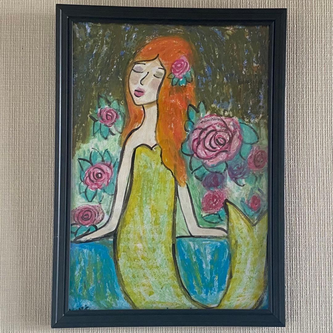 絵画。壁掛け絵原画手描き【花が咲き乱れる岸辺にいる美しい人魚姫】