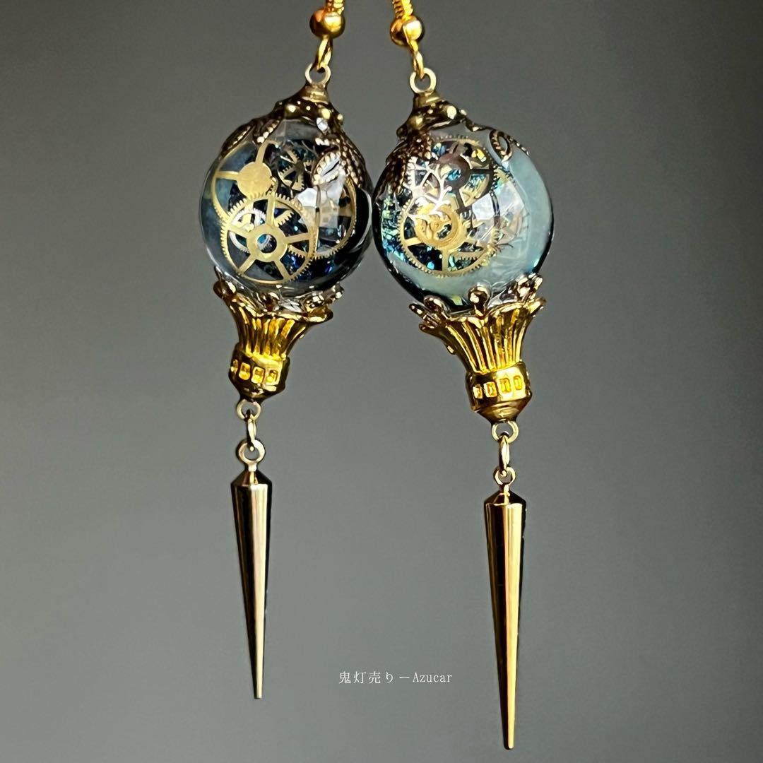 三日月蓄光ランタンの歯車スチームパンク ピアス　イヤリング