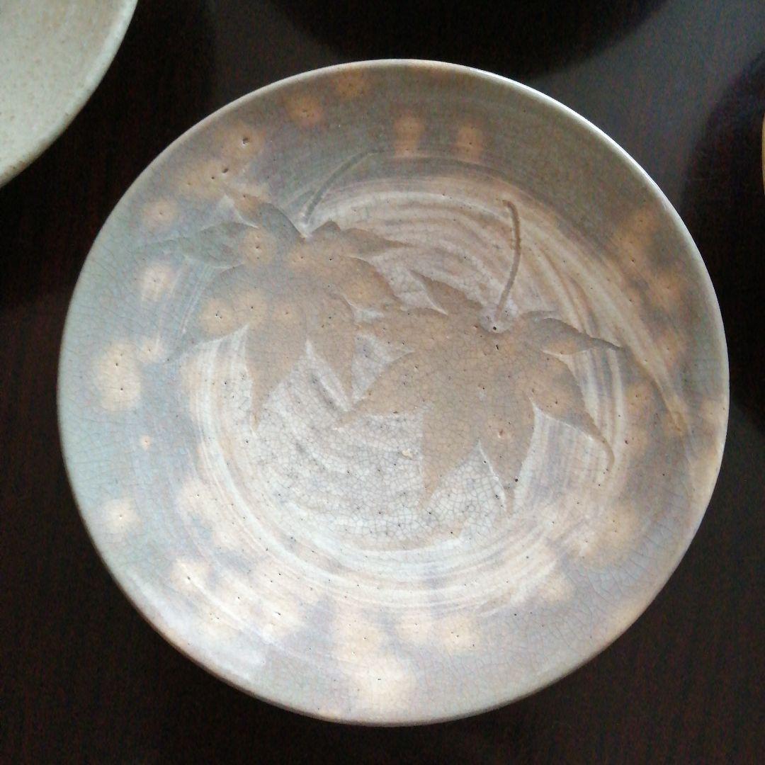 京焼　河合磊三　荒土刷毛目押葉皿　10枚　13.5～14.5cm　大正～昭和初期