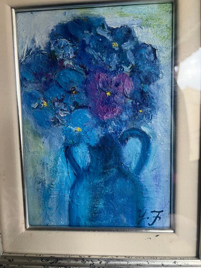 油彩画 花瓶の花 Y.F.