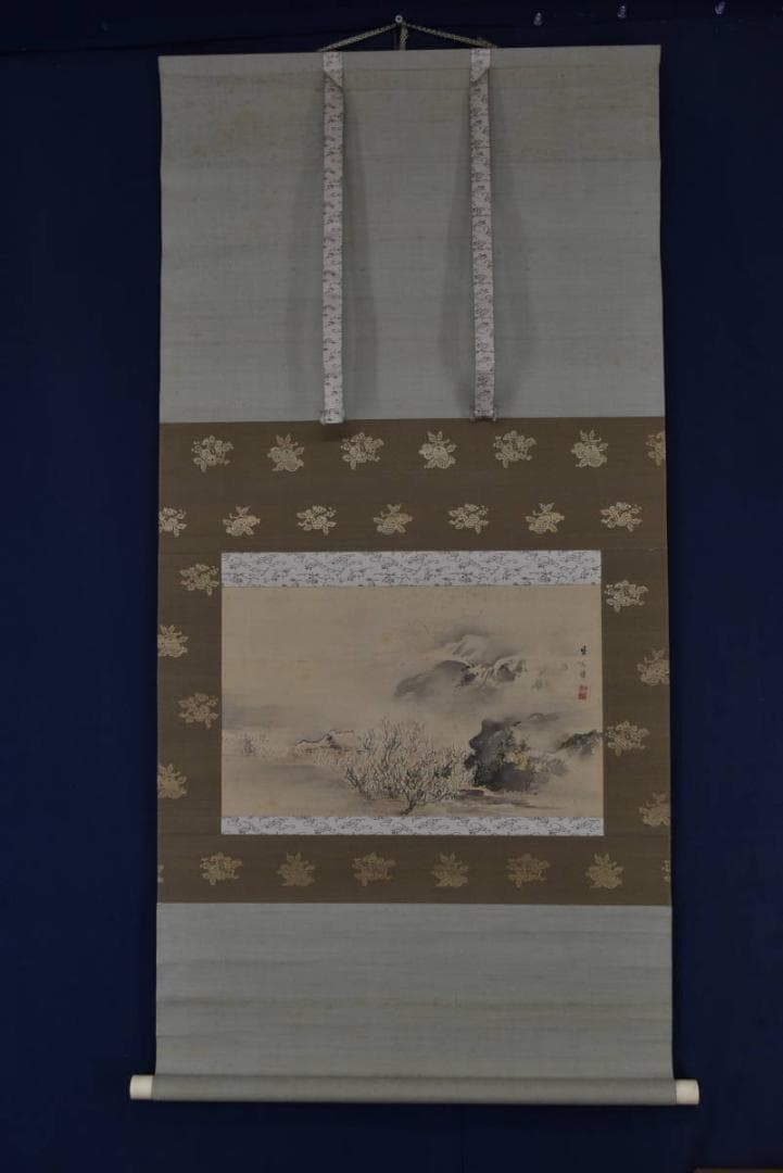 【真作】塩川文麟/梅花山水図/早春田家図/横物/掛軸☆宝船☆Z-750