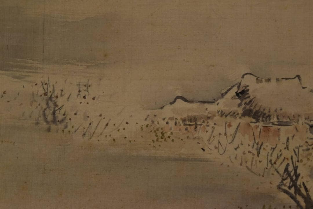 【真作】塩川文麟/梅花山水図/早春田家図/横物/掛軸☆宝船☆Z-750