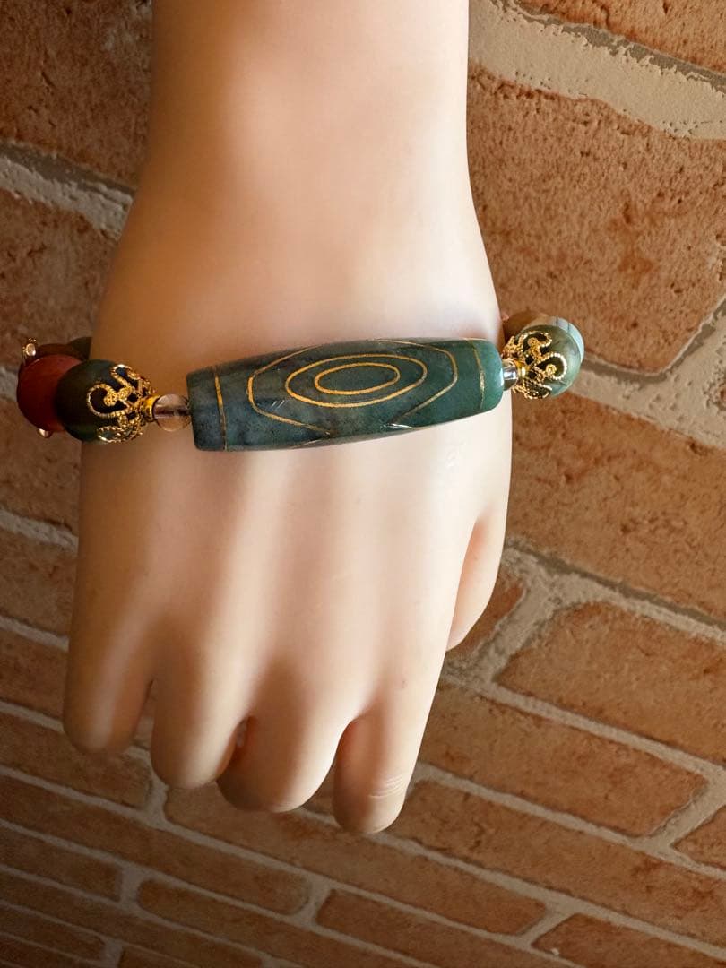 虎牙三眼金線天珠にマットアラシャン瑪瑙の開運デザインブレスレット