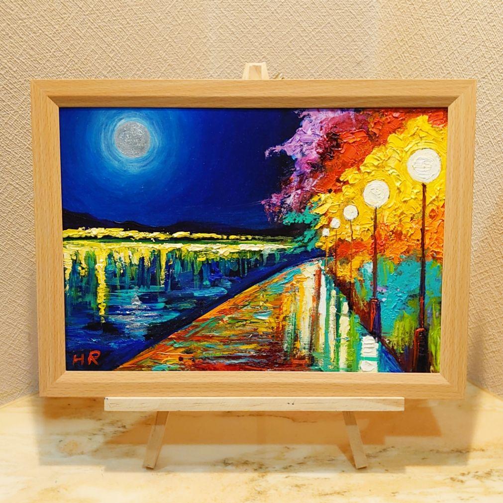 油絵 絵画【湖のライトアップ 】