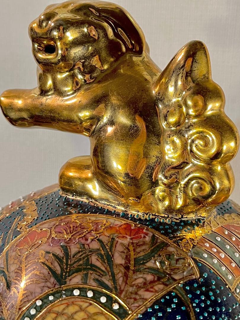 【薩摩焼 特大三足香炉】金爛手 花詰図 金獅子 陶磁器 美術品 香炉 逸品 希少