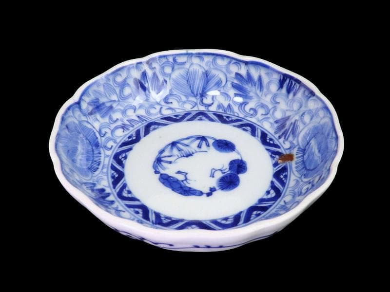 古伊万里　染付　線描き　花に唐草の図　膾皿 ５客　C999AS-fbvr