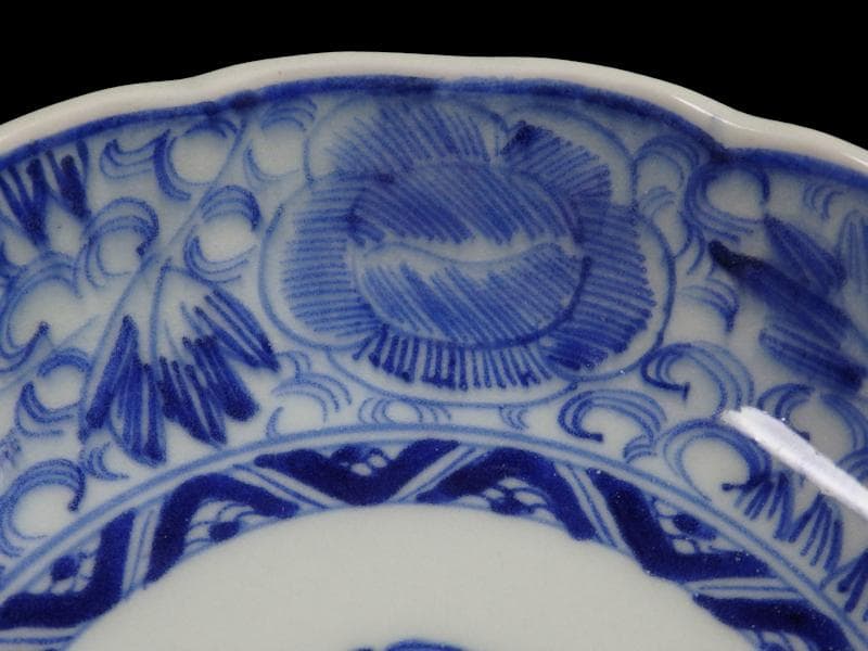 古伊万里　染付　線描き　花に唐草の図　膾皿 ５客　C999AS-fbvr