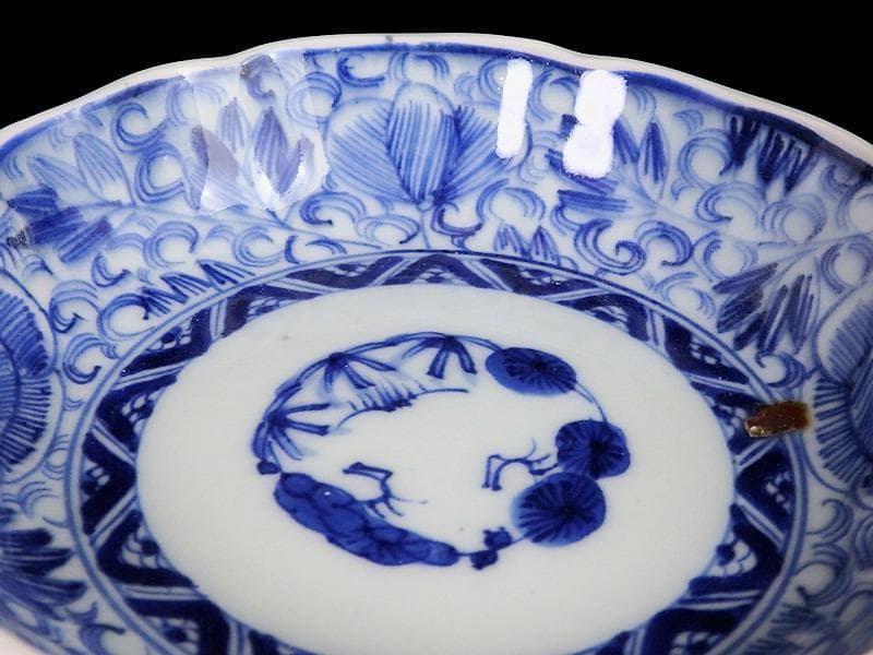 古伊万里　染付　線描き　花に唐草の図　膾皿 ５客　C999AS-fbvr