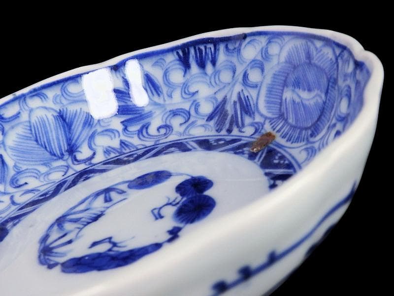 古伊万里　染付　線描き　花に唐草の図　膾皿 ５客　C999AS-fbvr