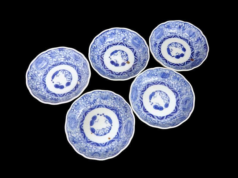 古伊万里　染付　線描き　花に唐草の図　膾皿 ５客　C999AS-fbvr