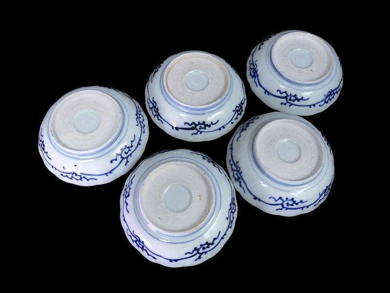 古伊万里　染付　線描き　花に唐草の図　膾皿 ５客　C999AS-fbvr