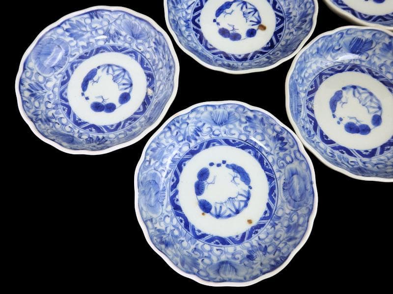 古伊万里　染付　線描き　花に唐草の図　膾皿 ５客　C999AS-fbvr