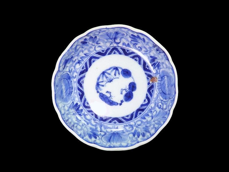 古伊万里　染付　線描き　花に唐草の図　膾皿 ５客　C999AS-fbvr