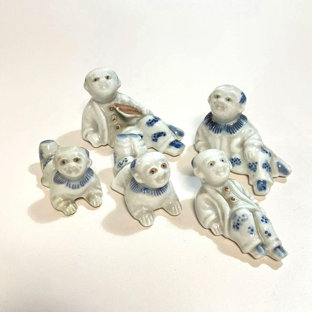 骨董　長崎　古平戸焼　唐子人形　5体組　染付　三川内焼　陶製人形　民芸　オブジェ