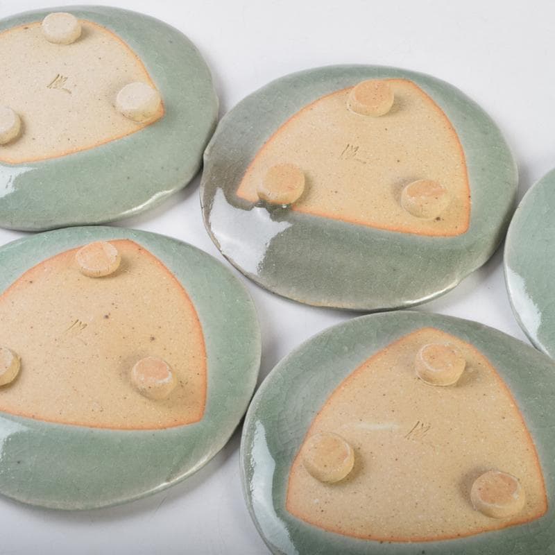 みゆ　天神窯　山田健吉作　青瓷絵　銘々皿　五客　共布共箱　C　9098