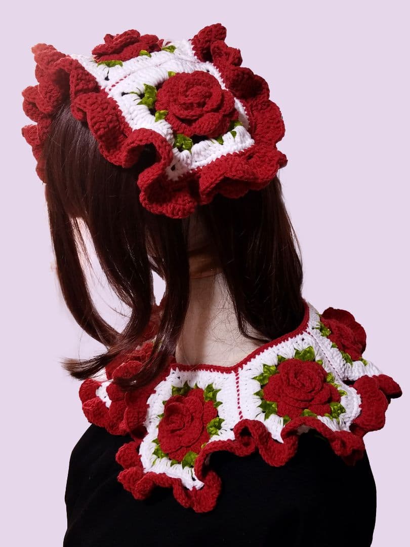 薔薇モチーフヘッドドレス＆つけ襟・レッド2点セット
