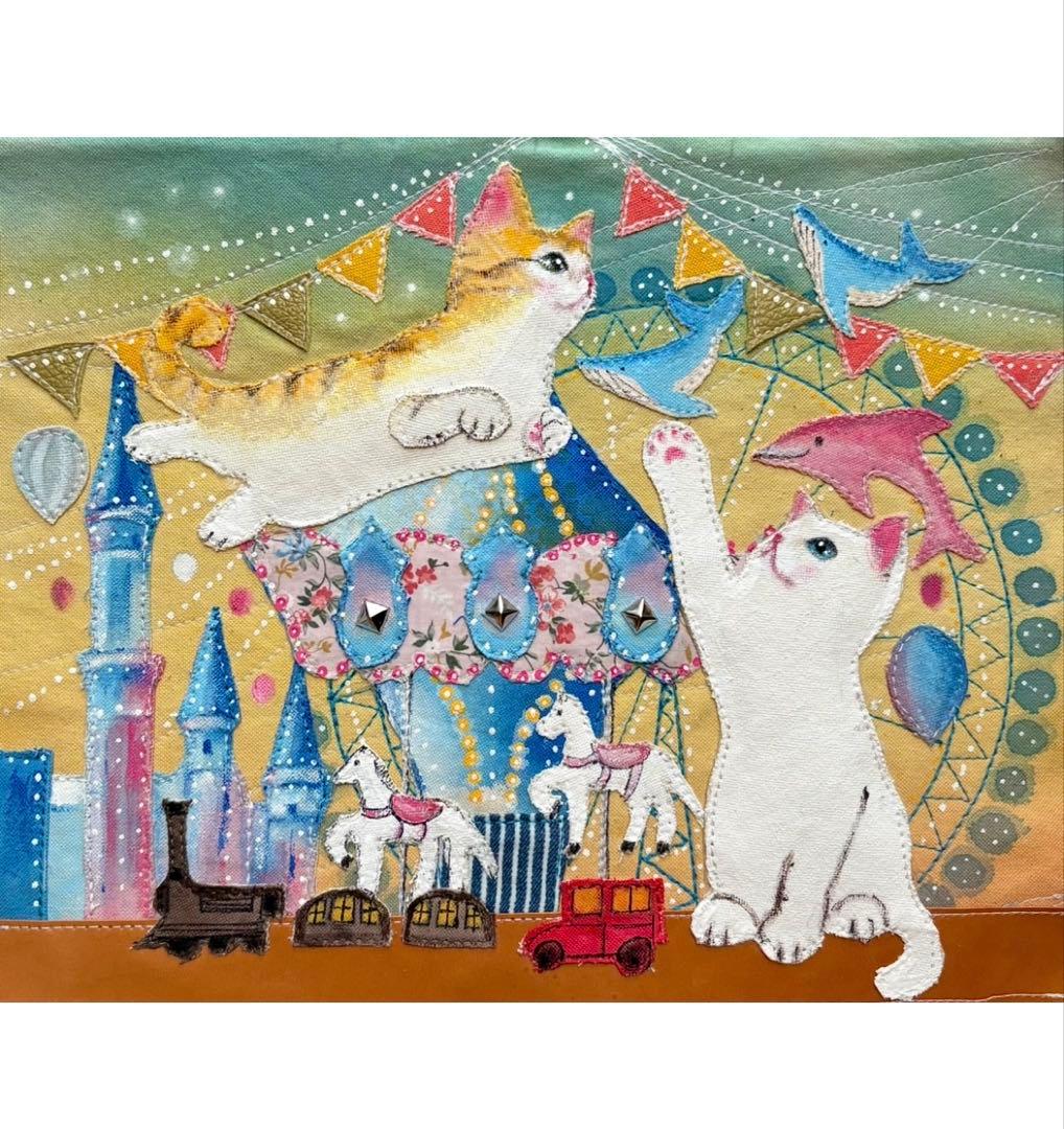 (手づくり)\"ハッピーライクなシロと茶トラ\"ねこと遊園地のトートバッグ刺繍