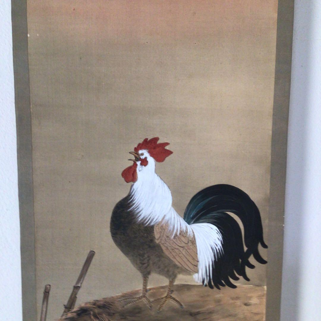 No3374掛軸　在銘　青珂　暁鶏聲図　着色絹本　日本画　花鳥画　古画　送料無料