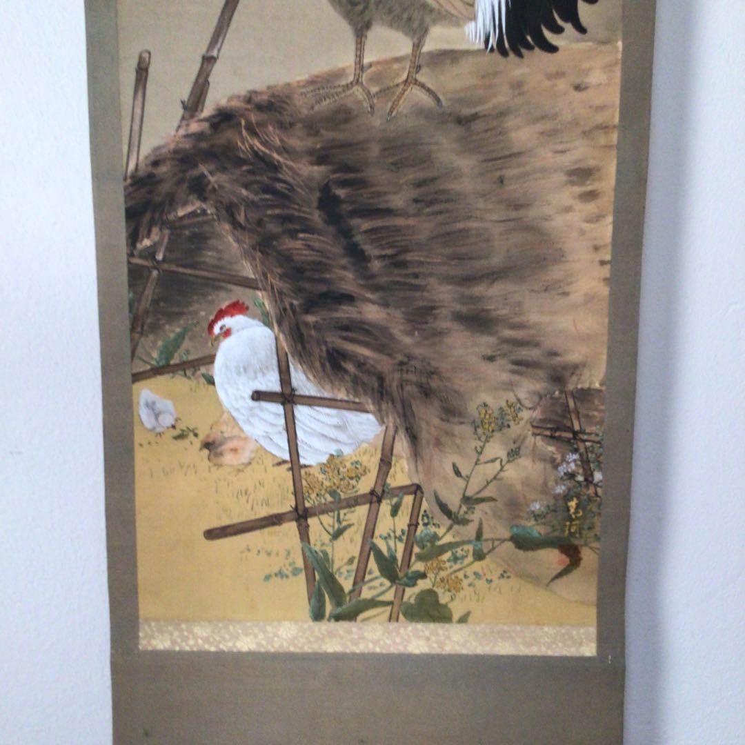 No3374掛軸　在銘　青珂　暁鶏聲図　着色絹本　日本画　花鳥画　古画　送料無料
