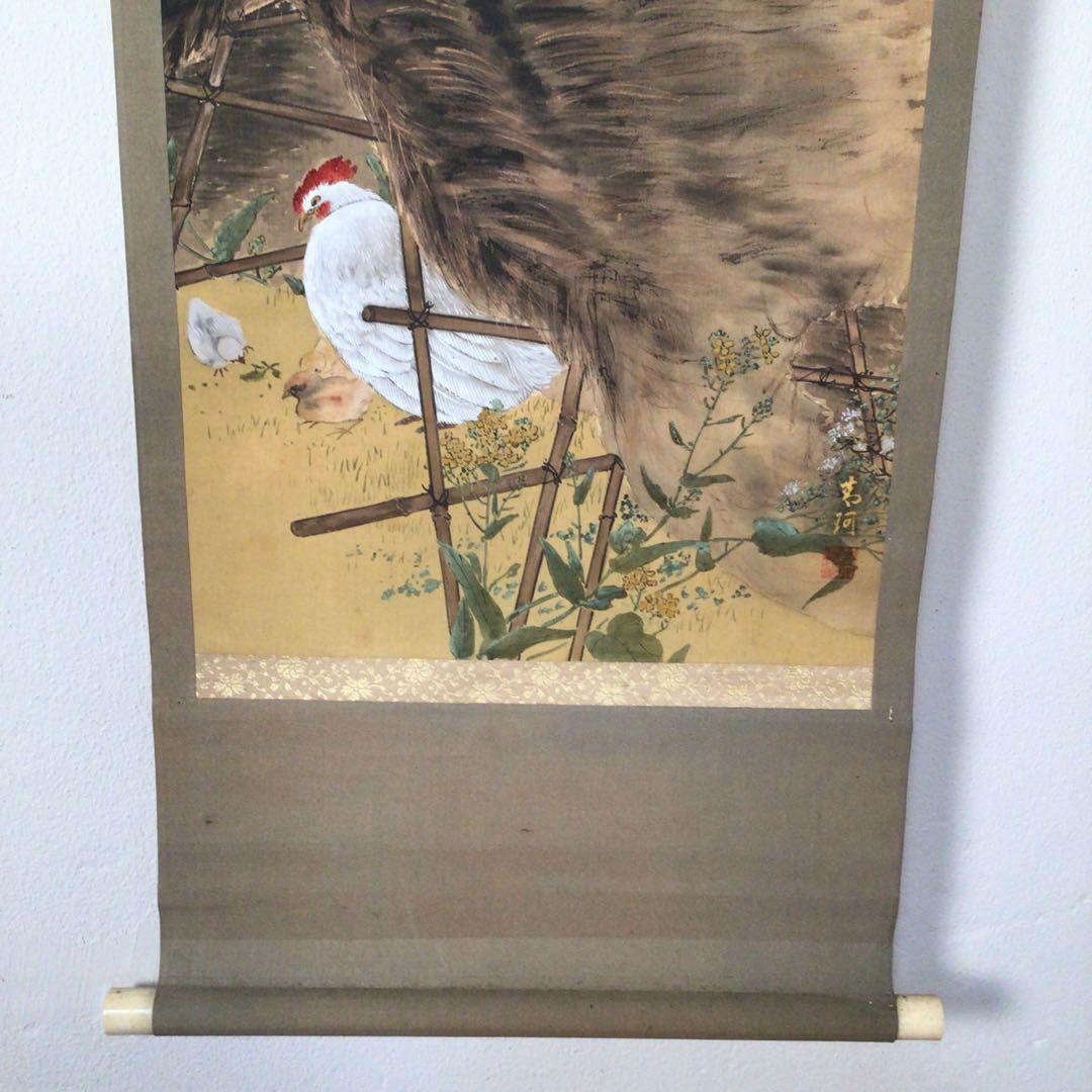 No3374掛軸　在銘　青珂　暁鶏聲図　着色絹本　日本画　花鳥画　古画　送料無料