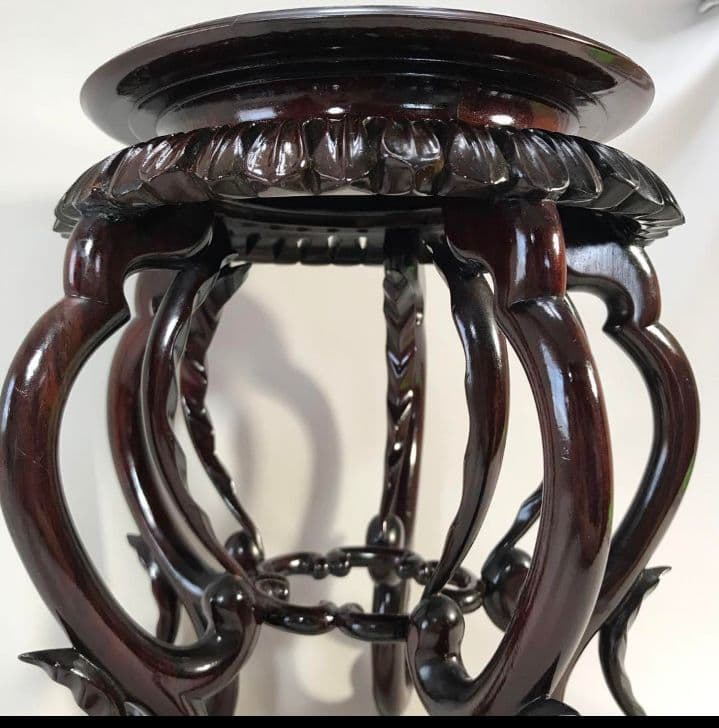 花台　本紫檀　唐木　無垢　円形花台　5本透かし彫足　銘木　高級　未使用