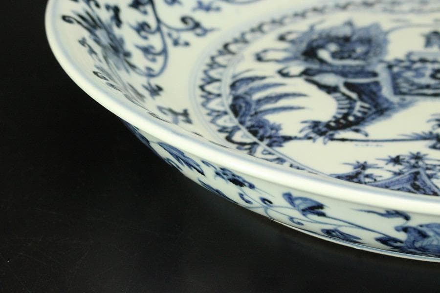 中国美術 青華 獣紋 纏枝蓮花紋 皿 φ40cm(ZE921)