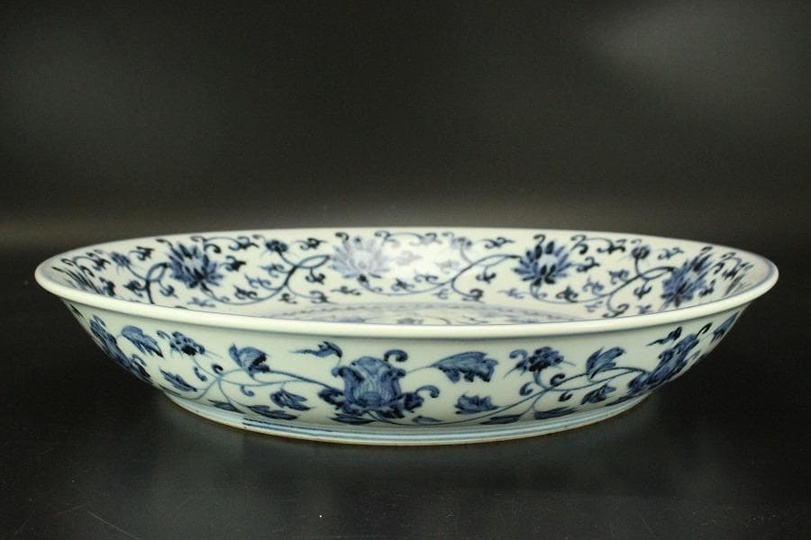 中国美術 青華 獣紋 纏枝蓮花紋 皿 φ40cm(ZE921)