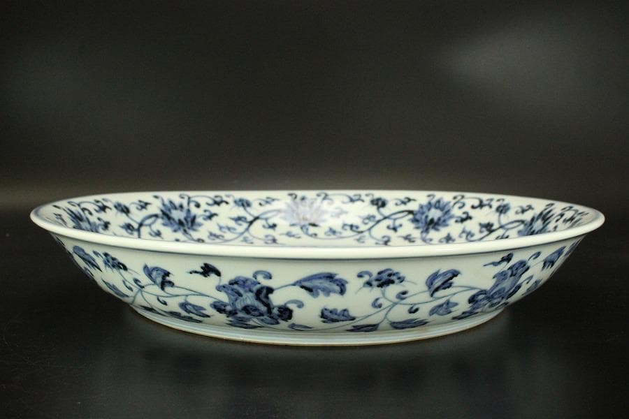 中国美術 青華 獣紋 纏枝蓮花紋 皿 φ40cm(ZE921)