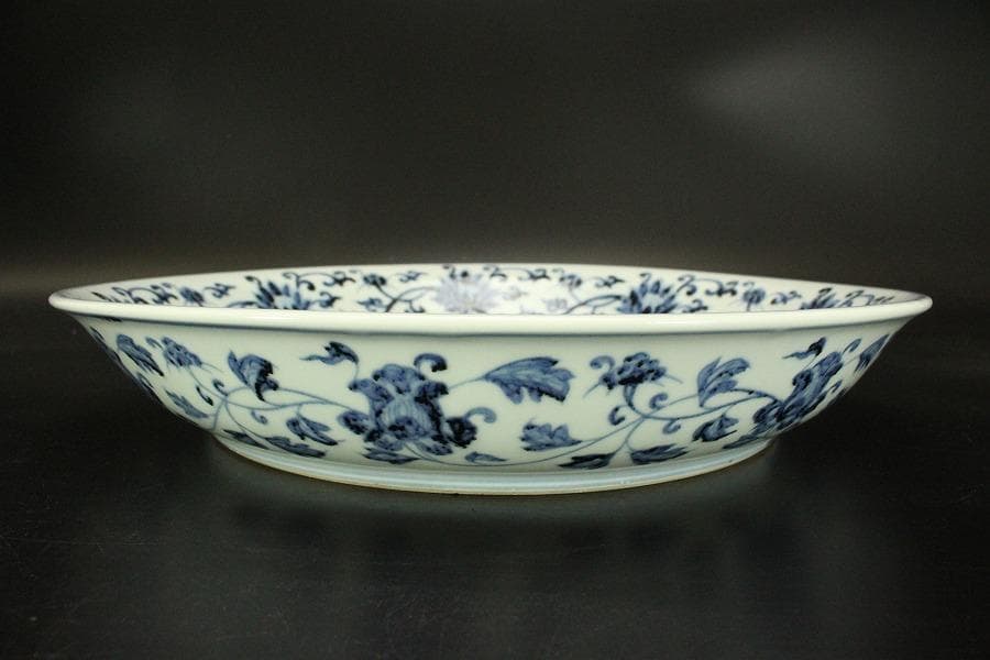 中国美術 青華 獣紋 纏枝蓮花紋 皿 φ40cm(ZE921)