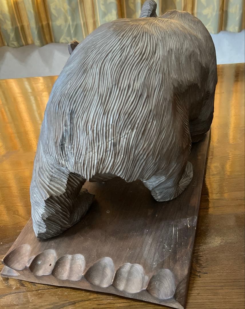昭和レトロ 骨董 一刀彫 熊 木製クマと魚のアイヌ彫刻 約40cm