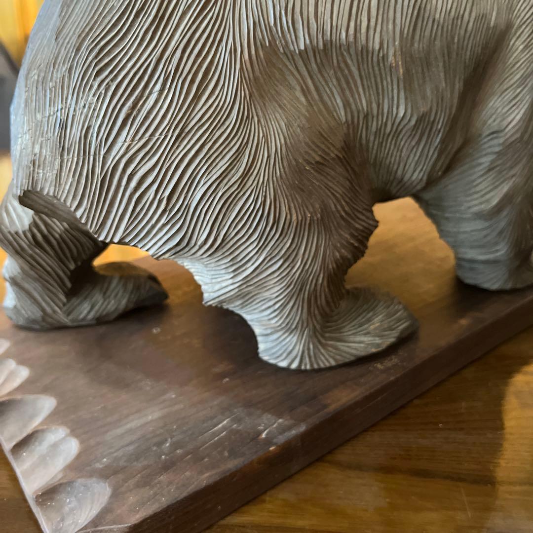 昭和レトロ 骨董 一刀彫 熊 木製クマと魚のアイヌ彫刻 約40cm